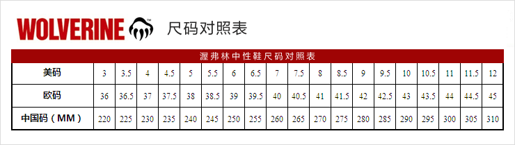 渥弗林中性鞋尺码对照表
